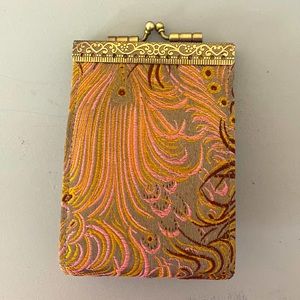 Cathayana card wallet with stitched pink peacock design, felt interior